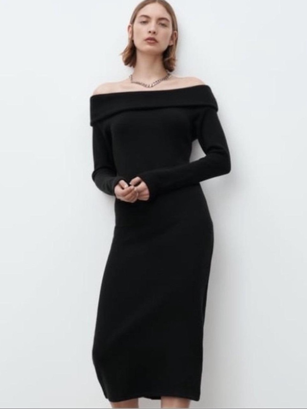 Zara Black Off-Shoulder Long-Sleeve Midi Dress